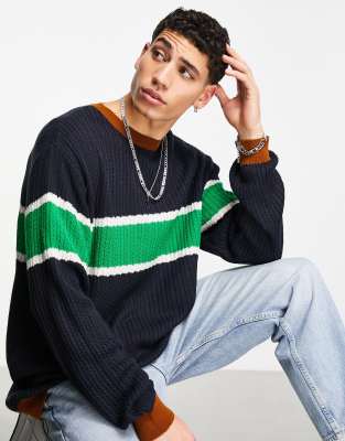ASOS DESIGN oversized cable knit sweaters with chest stripe