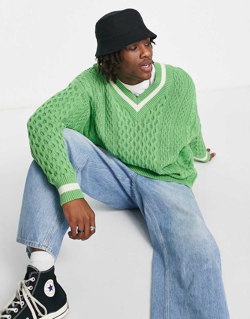 ASOS DESIGN oversized cable knit v neck sweater with tipping in bright green-Blues