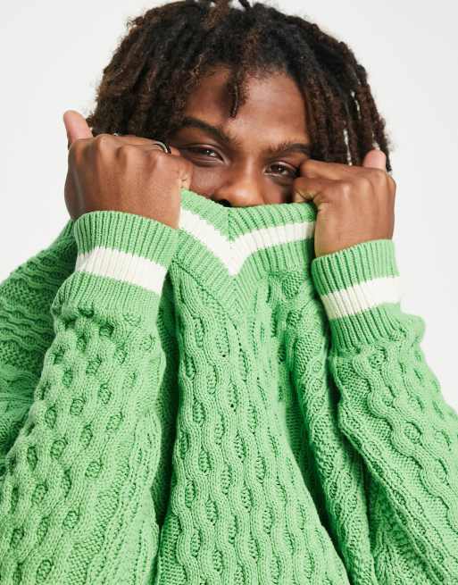 ASOS DESIGN oversized cable knit v neck sweater with tipping in bright green