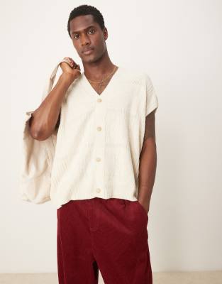 Asos Design Oversized Cable Knitted Button Through Tank In Ecru-neutral