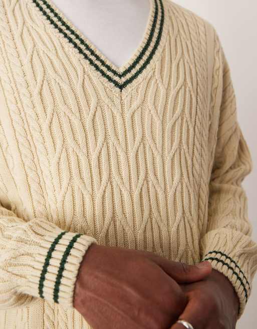 ASOS DESIGN oversized cable knitted cricket jumper in cream with green tipping, 4 of 4