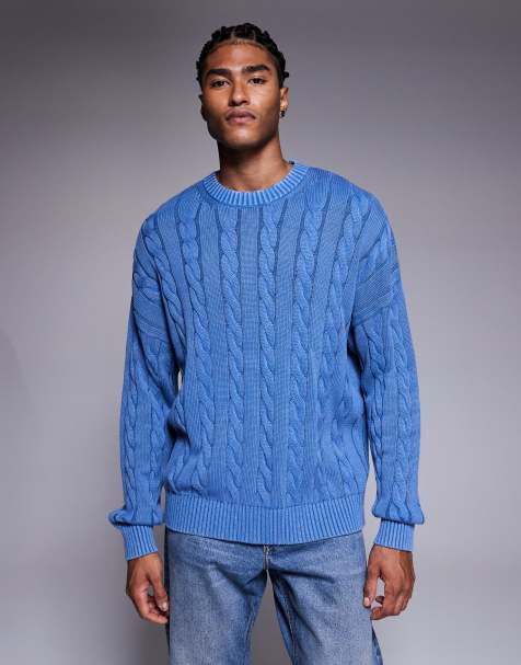ASOS DESIGN oversized cable knitted jumper in washed blue - view 1
