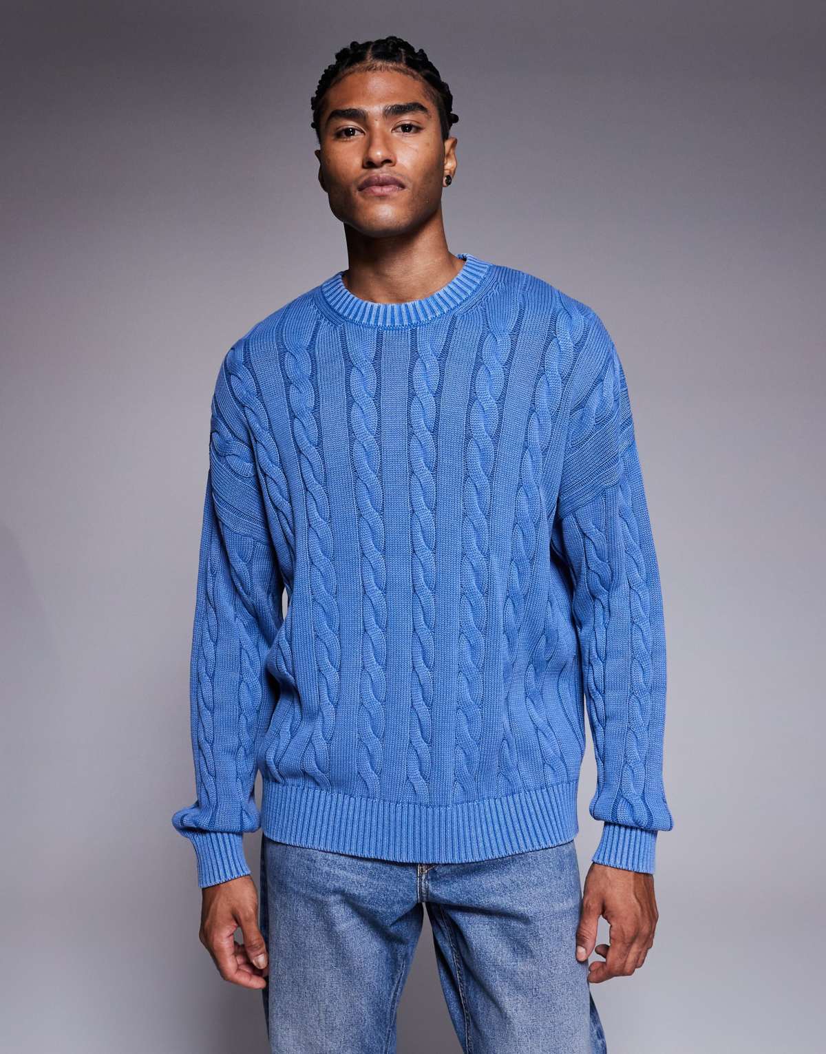 ASOS DESIGN oversized cable knitted jumper in washed blue