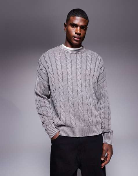 ASOS DESIGN oversized cable knitted jumper in washed grey - view 1