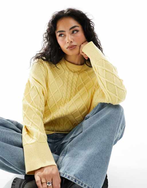 Mustard yellow cotton sweater with cable knit