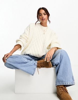 Asos Design Oversized Cable Sweater In Cream-white