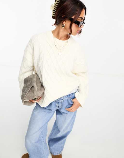 ASOS DESIGN oversized cable sweater in cream , 4 of 4