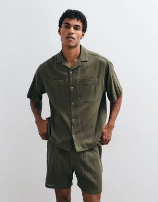 Asos Design Oversized Camp Collar Crinkle Texture Shirt In Green