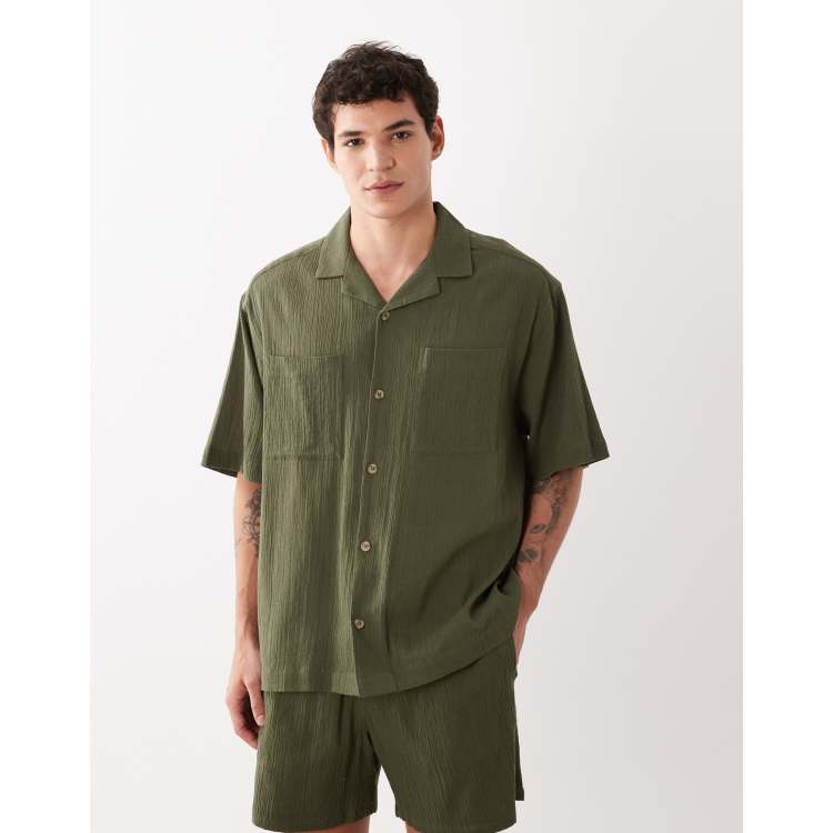 ASOS DESIGN oversized camp collar crinkle texture shirt in dark green -  part of a set | ASOS