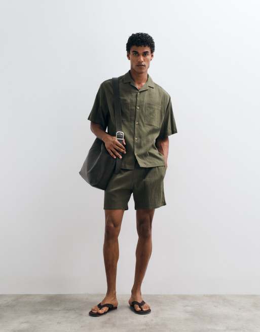 ASOS DESIGN oversized camp collar crinkle texture shirt in dark green - part of a set, 2 of 5