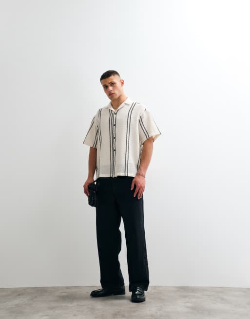 ASOS DESIGN oversized camp collar crocheted shirt in cream stripes, 2 of 5