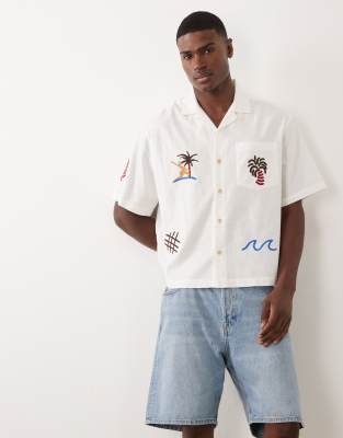 Asos Design Oversized Camp Collar Embroidered Shirt With Linen In White