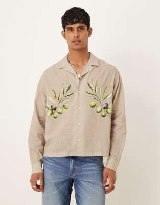 Asos Design Oversized Camp Collar Linen Blend Shirt With Olive Print In Neutral
