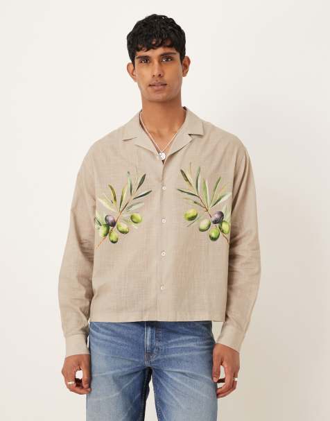 ASOS DESIGN oversized camp collar linen blend shirt with olive print in brown - view 1