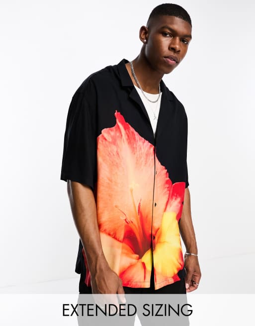 ASOS DESIGN camp collar longline bowling shirt with flower placement print | ASOS