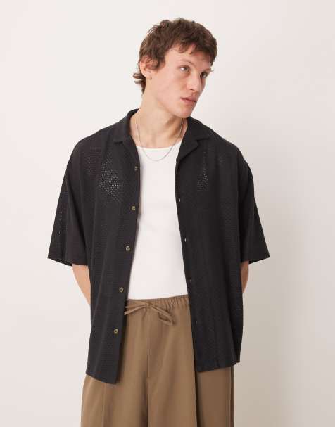 ASOS DESIGN oversized camp collar open texture shirt in black - view 1