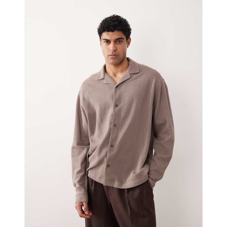 ASOS DESIGN oversized camp collar open textured shirt in brown | ASOS