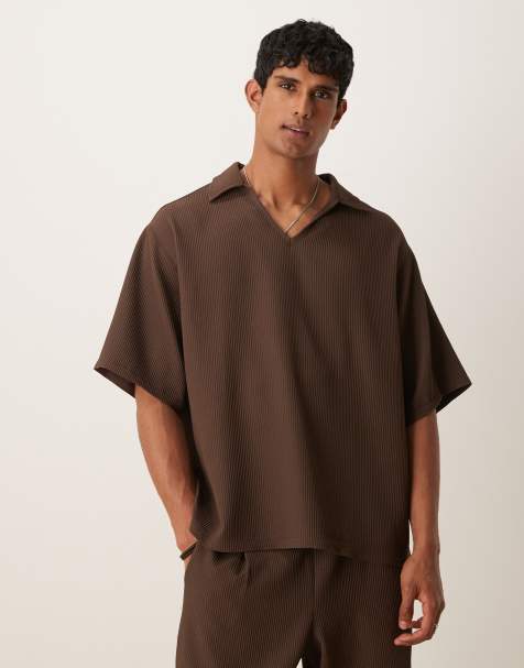 ASOS DESIGN oversized camp collar plisse polo in brown - view 1