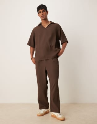 Asos Design Oversized Camp Collar Plisse Polo In Brown