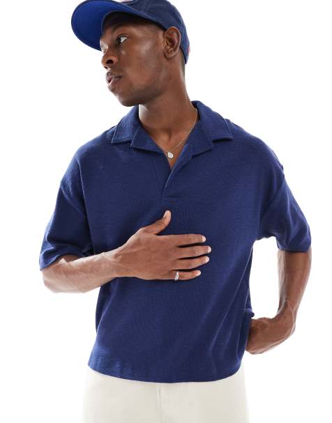 ASOS DESIGN oversized camp collar polo shirt in navy texture - view 1