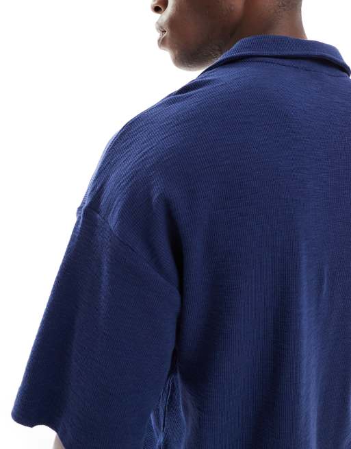 ASOS DESIGN oversized camp collar polo shirt in navy texture, 4 of 4