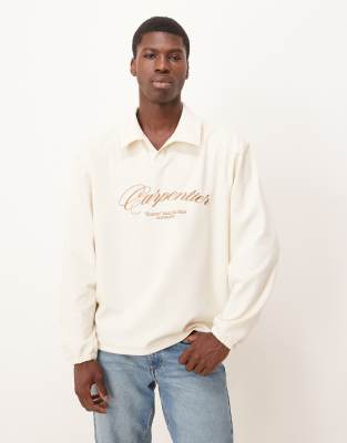 Asos Design Oversized Camp Collar Polo Shirt With Embroidery In White