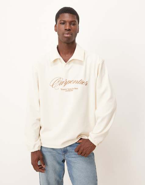 ASOS DESIGN oversized camp collar polo shirt with embroidery in ecru - view 1