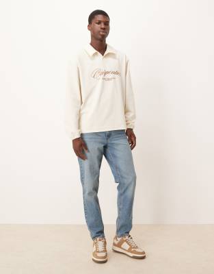 Asos Design Oversized Camp Collar Polo Shirt With Embroidery In White