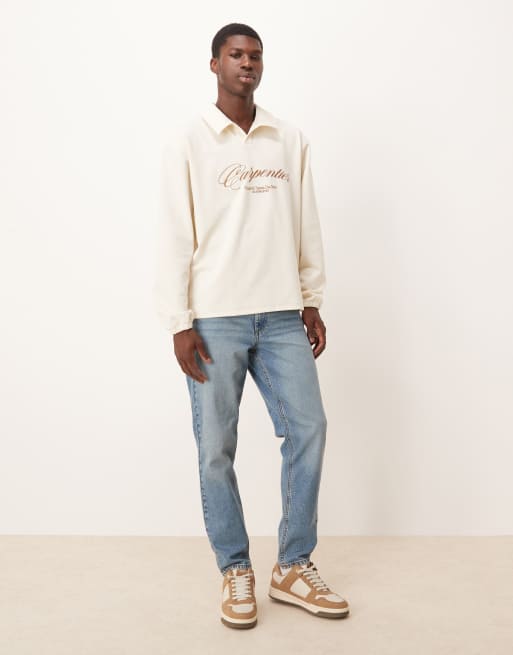 ASOS DESIGN oversized camp collar polo shirt with embroidery in ecru