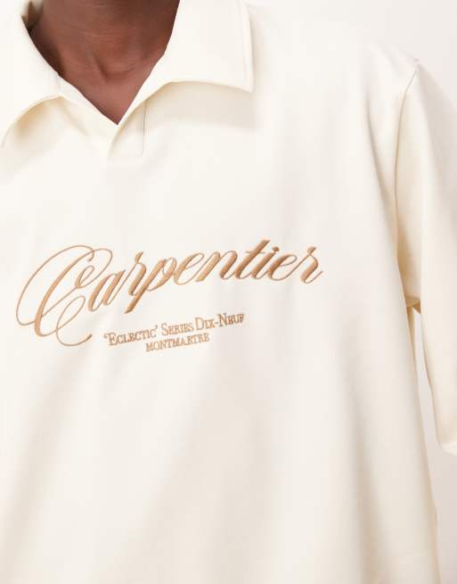 ASOS DESIGN oversized camp collar polo shirt with embroidery in ecru