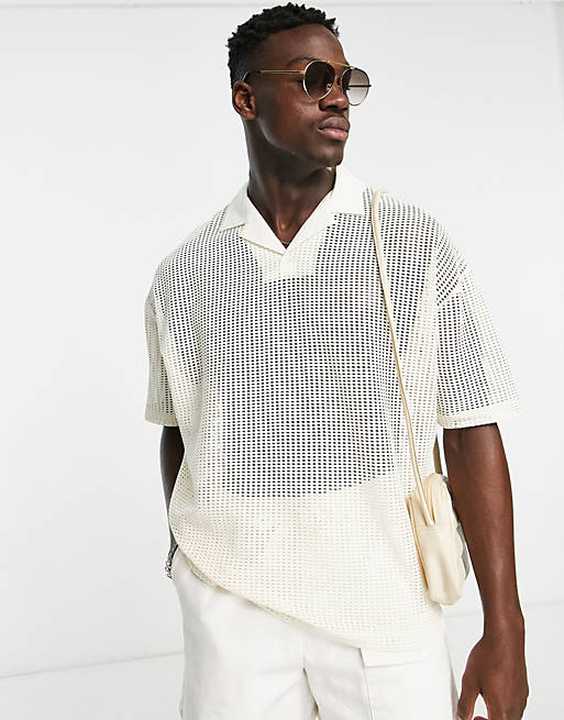 ASOS DESIGN oversized camp collar polo T-shirt in beige open mesh | ASOS