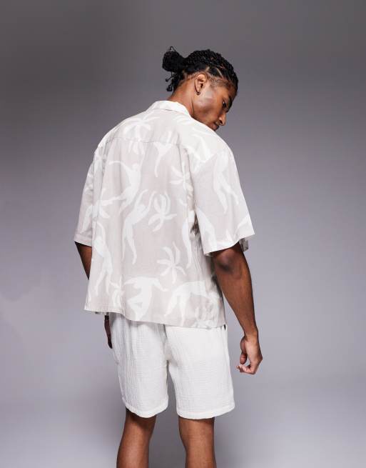 ASOS DESIGN oversized camp collar printed shirt in beige, 2 of 4