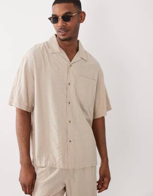 Asos Design Oversized Camp Collar Seersucker Shirt In Neutral