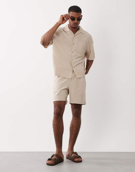 ASOS DESIGN oversized camp collar seersucker shirt in beige - part of a set, 2 of 5