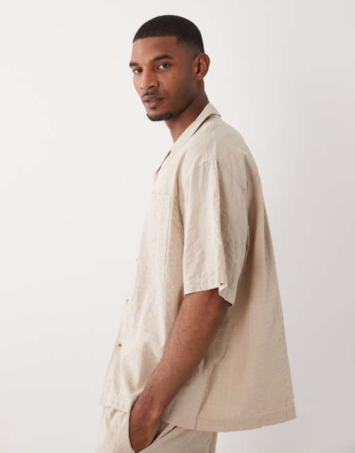 ASOS DESIGN oversized camp collar seersucker shirt in beige - part of a set, 3 of 5