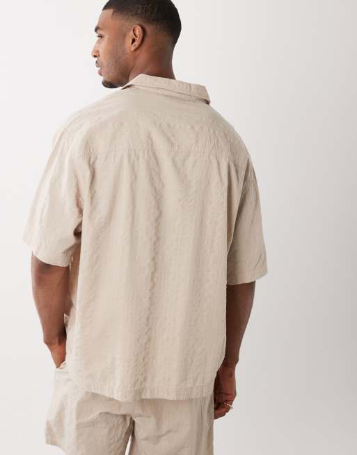 ASOS DESIGN oversized camp collar seersucker shirt in beige - part of a set, 5 of 5