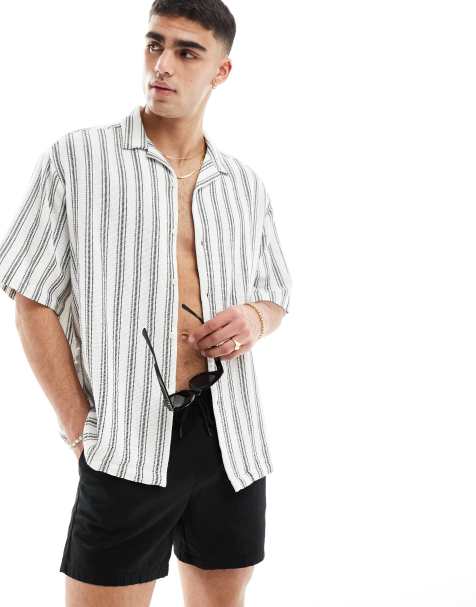 ASOS DESIGN oversized camp collar shirt in black and white stripe - view 1