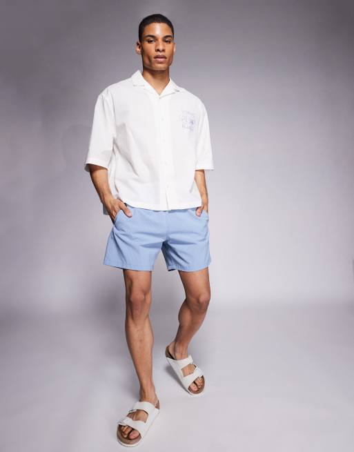ASOS DESIGN oversized camp collar shirt in cream with placement print