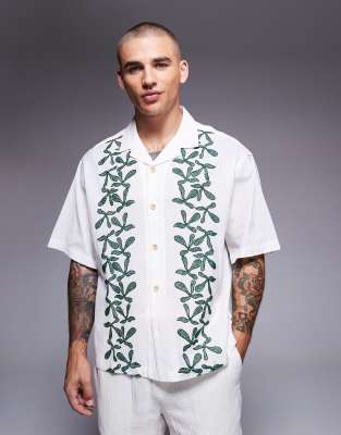 Asos Design Oversized Camp Collar Shirt With Border Print In White