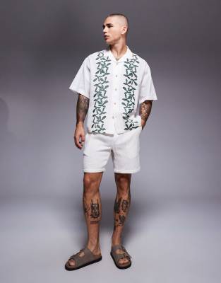 Asos Design Oversized Camp Collar Shirt With Border Print In White
