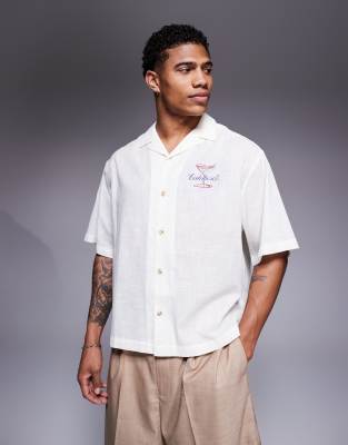 Asos Design Oversized Camp Collar Shirt With Chest Print-white