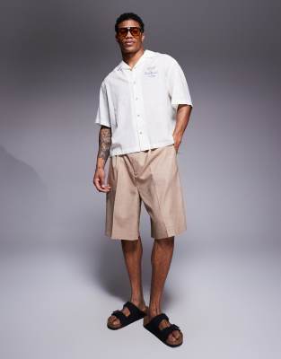Asos Design Oversized Camp Collar Shirt With Chest Print-white In White