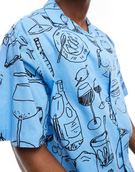 ASOS DESIGN oversized camp collar shirt with dining scene print in blue, 3 of 4