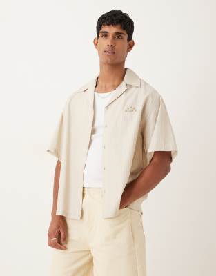 Asos Design Oversized Camp Collar Shirt With Embroidery In Neutral