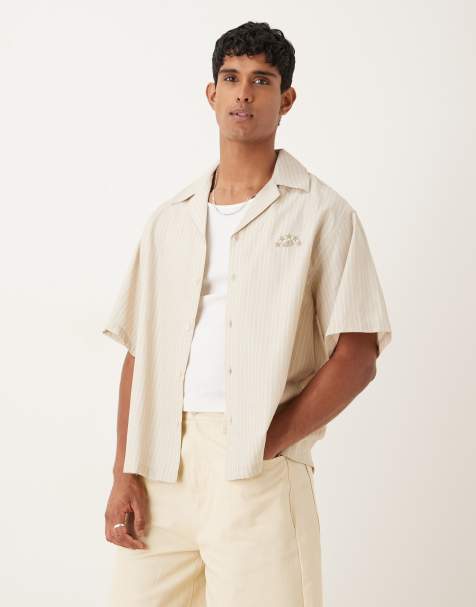 ASOS DESIGN oversized camp collar shirt with embroidery in sand and white stripe - view 1