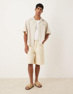 Asos Design Oversized Camp Collar Shirt With Embroidery In Neutral