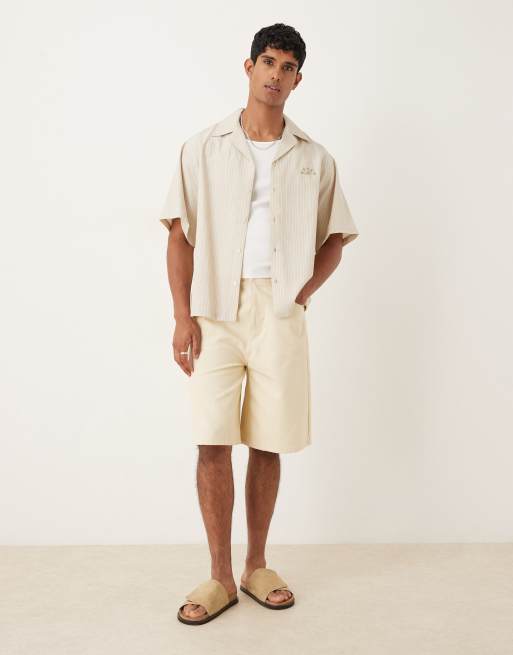 ASOS DESIGN oversized camp collar shirt with embroidery in sand and white stripe