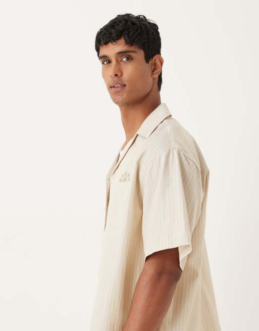 ASOS DESIGN oversized camp collar shirt with embroidery in sand and white stripe