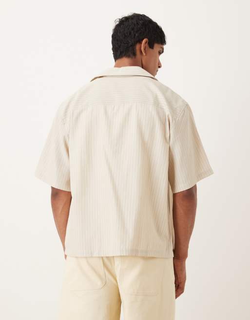 ASOS DESIGN oversized camp collar shirt with embroidery in sand and white stripe