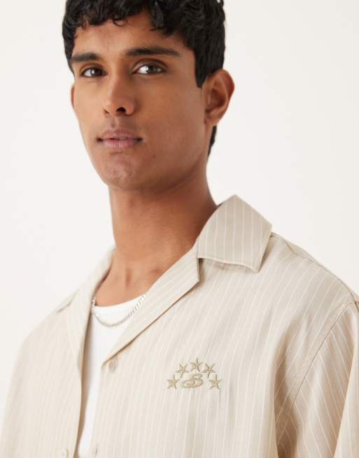 ASOS DESIGN oversized camp collar shirt with embroidery in sand and white stripe